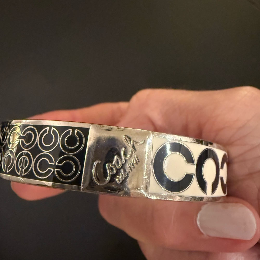 Coach Black White Enamel Signature Logo Hinged Bangle Bracelet